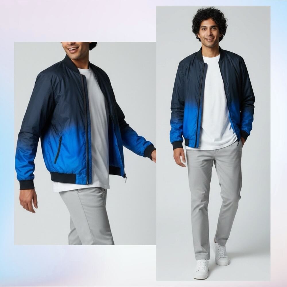 AMERICAN EAGLE Ombre Blue Bomber Jacket Windbreaker Gorpcore Surfer Skate Y2K